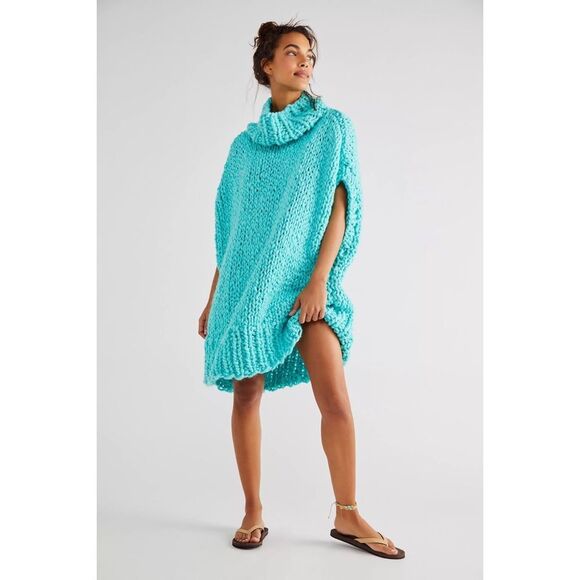 Free People x Loopy Mango Merino Wool Chunky Knit Poncho Key Lime One Size - Picture 1 of 8